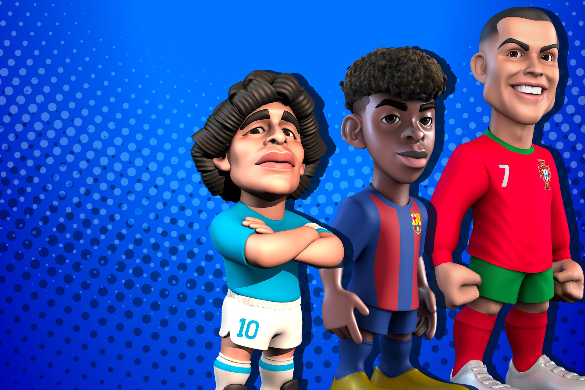 Figure collezionabili Minix Football: due miniature di calciatori su sfondo azzurro