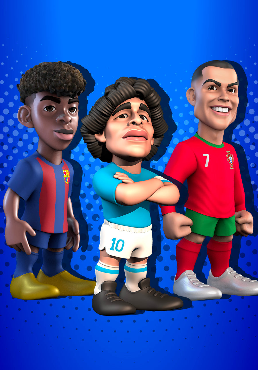 Figure collezionabili Minix Football: due miniature di calciatori su sfondo azzurro