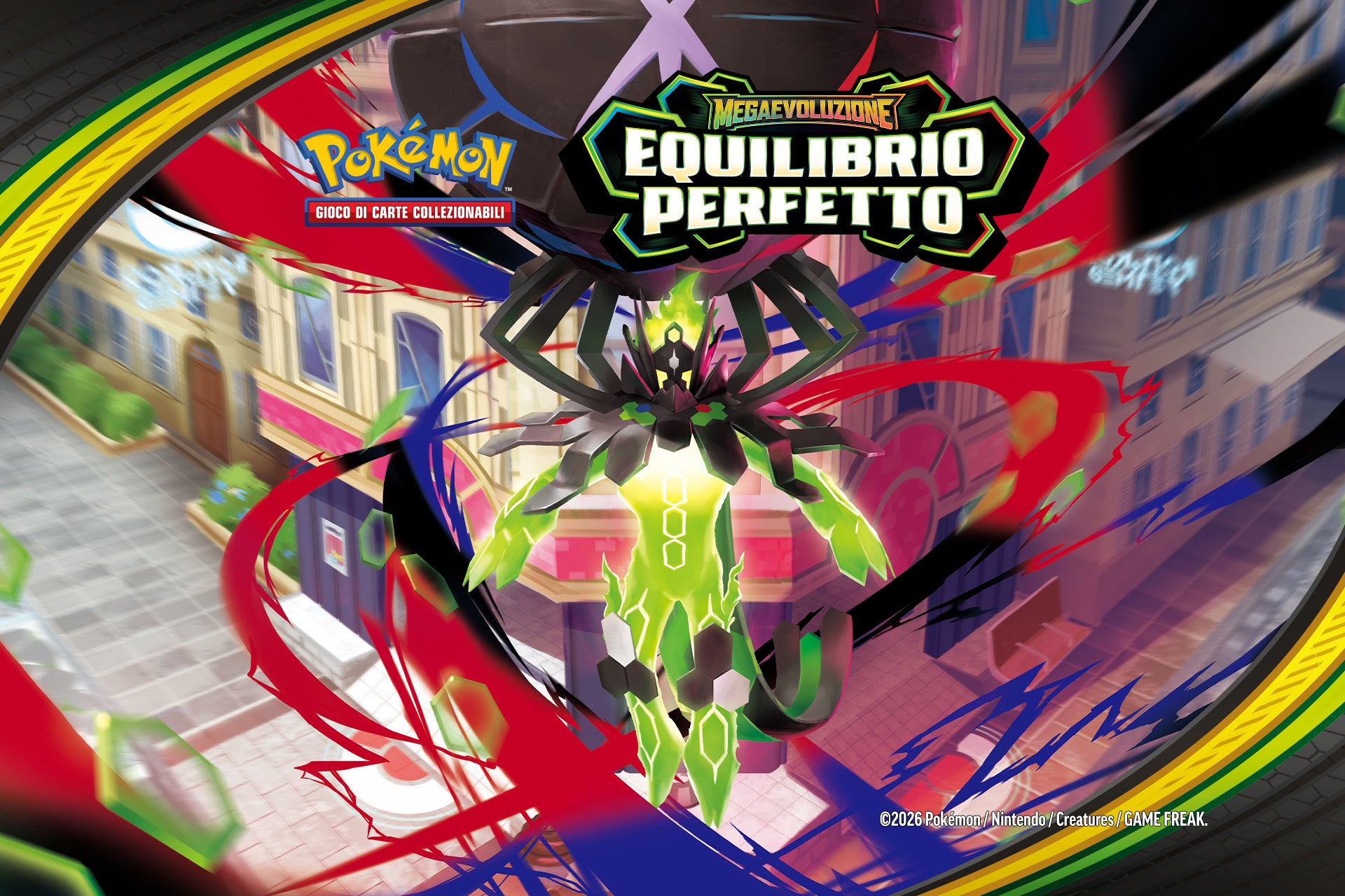 Scopri le novità Pokémon: banner con Mega Rayquaza del set Megaevoluzione Equilibrio Perfetto
