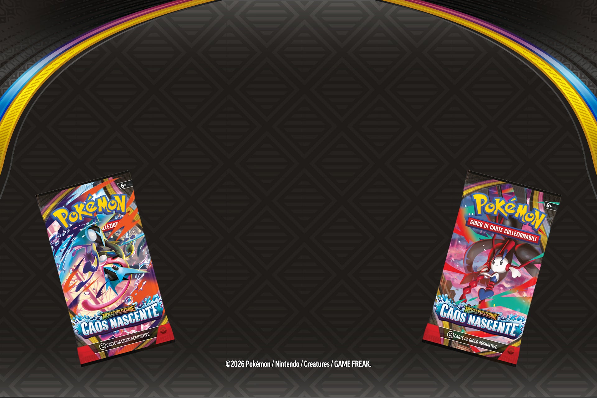 Scopri le prevendite Pokémon: banner con pattern nero, arco colorato e 2 bustine di carte