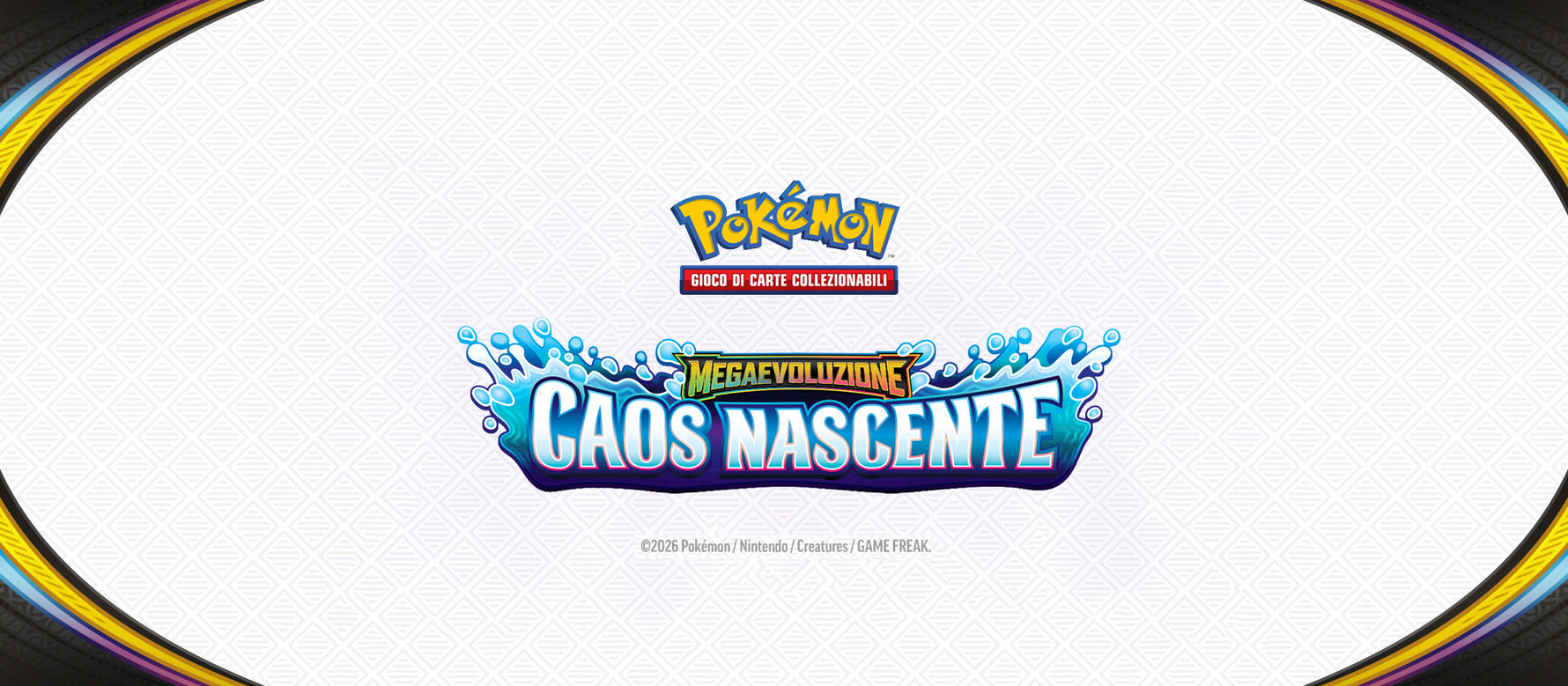 Scopri le prevendite Pokémon: banner con pattern bianco e logo del set Megaevoluzione Caos Nascente