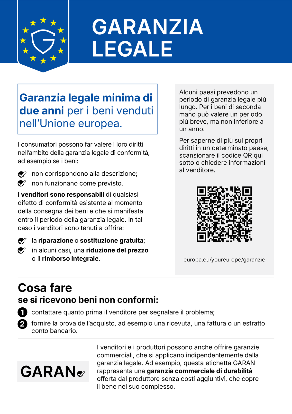 Avviso armonizzato UE sulla garanzia legale di conformità: garanzia legale minima di due anni per i beni venduti nell'Unione europea